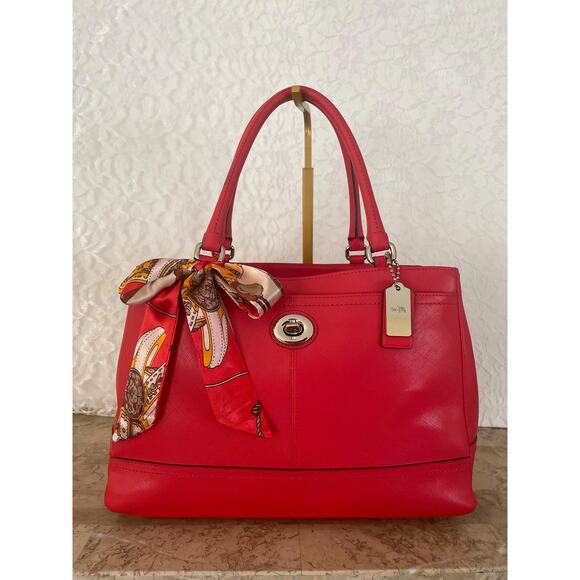 Coach Park Fired red Carryall Satchel F1582 Saffiano Leather - Picture 1 of 10